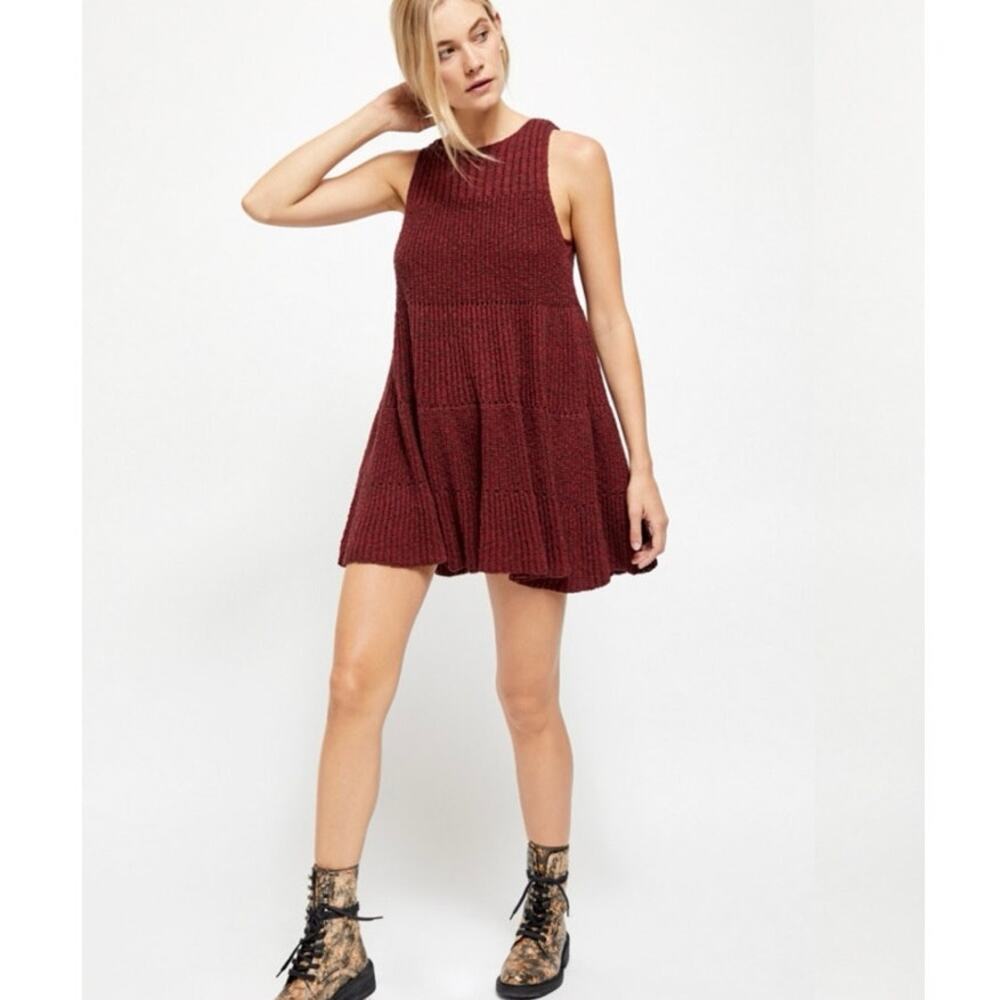 FREE PEOPLE Maroon Knit Waterfall Ruffle Dress Size XS - Picture 2 of 7